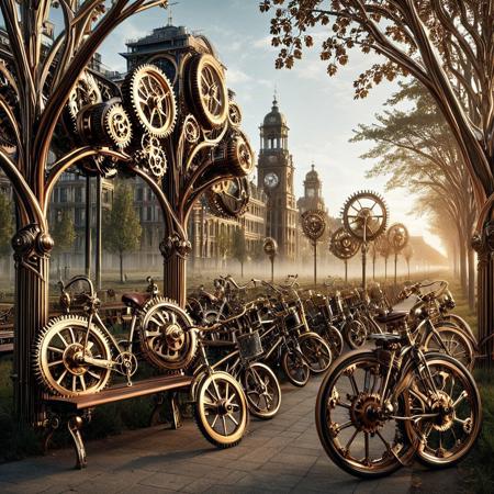 A surreal mechanical reimagining of a familiar world. Transform a natural or urban scene into a mesmerizing fusion of intricate gears, cogs, pistons, and brass filigree. Trees become elegant clockwork structures with branches made of polished bronze, their leaves ticking gently like watch hands. Buildings are clad in ornate riveted panels, with rotating turbines replacing windows. Even clouds swirl in spiraled gear-like patterns above a steampunk-inspired skyline. Everyday objects—lamps, bicycles, park benches—are reborn as artistic machines, delicate and precise. The world breathes with a rhythmic “tick-tock,” a living machine cloaked in elegance. Complex design, high detail, realistic materials (brass, copper, iron, worn steel), steampunk concept art, cinematic lighting, 4k resolution