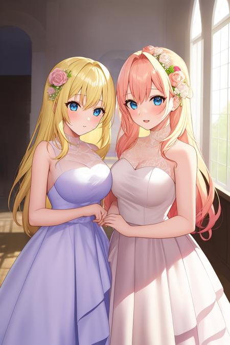 2girls, blonde_hair, pink_hair, multiple_girls, indoor, wedding_dress, blue_eyes