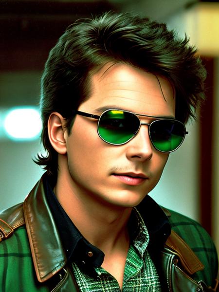 photo of (MartyMcFly:1.2) trapped in 1970s New York City, USA, photo, a young man (Wearing a green-and-black checkered shirt with a brown leather jacket and a pair of aviator sunglasses:1.4), detailed face, realistic skin, high quality, (bluegrey eyes:1.1), Leica 50mm, f1. 4, natural light, grainy, (high detailed skin:1.2), high detail