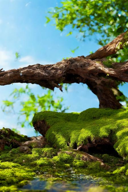 <lora:moss_v2-000001:0.6>,moss\(style\),(blue sky),clouble,sunlight,no humans,scenery,water,stone,tree-root carving,inverted image,day,moss,