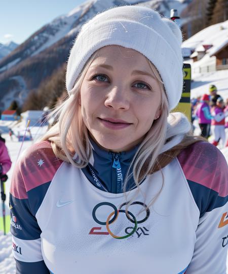 young KaiMaeka wearing a skiing dress and is cross-country skiing in the snow, at the finish-line at the olympics, with alpes mountains behind her, closeup chest view, cheering audience on the ranks, <lora:detail_slider_v4:3>, <lora:epiCRealLife:1>