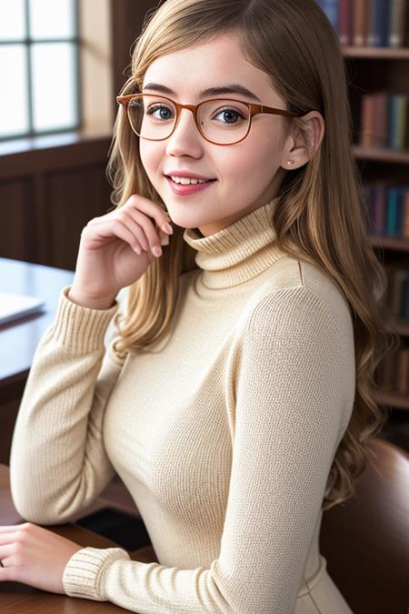 a photo of AM207_Kay_J,
30 years old bun-haired woman in (thick frame glasses) weared (long-sleeve high neck dress:1.2)
sitting at the table in the library, <lora:LowRA:0.3>,
soft light, golden hour, cheerful mood, shoulder shot, close up, 
4k textures, natural skin texture, skin pores, adobe lightroom, photolab, intricate, highly detailed, sharp focus, professional photo, insane details, intricate details, hyperdetailed, hyperrealistic