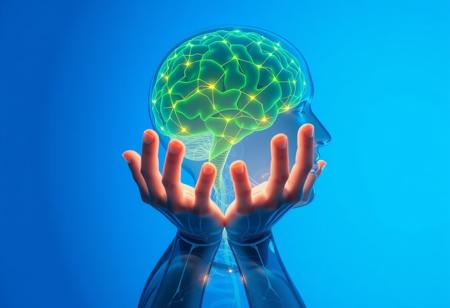 transparent human figure holding hands in front of him, brain made of glowing green lines, golden lines of light going from brain to hands, blue background, close-up, side view, nervous system,