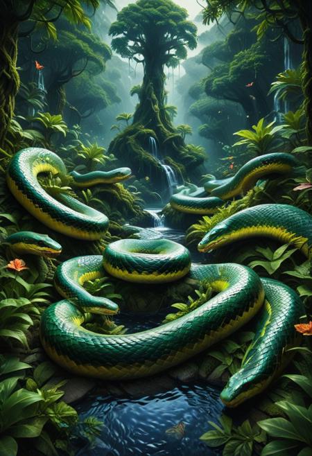 "A surreal landscape where snakes mimic plants, giant pythons forming trees, cobras spread like flowers, their scales glowing like iridescent leaves, hyperdetailed resin textures, photorealistic butterflies landing softly, lush jungle atmosphere, river, waterfall, blending awe and unease." <lora:SDXLFaeTastic2400:0.4> <lora:extremely_detailed:0.4> extremely detailed, <lora:sn4ke:1>,sn4ke, Masterpiece,best quality,hi res,8k,hi res,8k,award winning,(sharp focus, intricate, highly detailed),