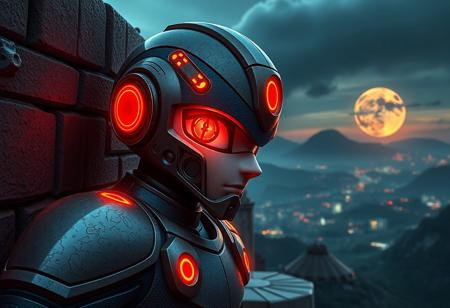 a Southeast Asian MegamanX on a Defense Wall, with a round face and unique, professional design. The artwork should feature enamel and golden ratio details, with a mysterious and cursed tone. Incorporate elements of flat paint and micro details, blending the styles of Michelangelo Buonarotti, Kevin Kostic, Syd Mead, James Gilleard, and Drue Langlois. Utilize a mix of 3D rendering and ultra-realistic nuclear background. Output a high-quality image in 8K resolution.