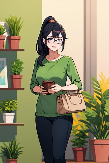 <lora:gz_20231024102623:0.8>,gz,plant,hat,glasses,1girl,black hair,facial hair,pants,shirt,potted plant,ponytail,green shirt,smile,long hair,standing,holding,