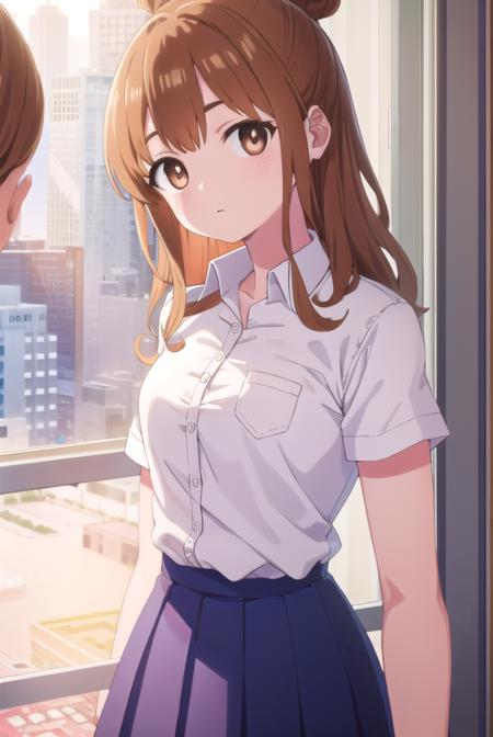 moekosekine, <lora:moeko sekine s1-lora-nochekaiser:1>,
moeko sekine, long hair, skirt, brown hair, (brown eyes:1.5), hair bun, single hair bun, sidelocks,
BREAK skirt, shirt, school uniform, white shirt, short sleeves, pleated skirt, collared shirt, blue skirt,
BREAK indoors, classroom,
BREAK looking at viewer, (cowboy shot:1.5),
BREAK <lyco:GoodHands-beta2:1>, (masterpiece:1.2), best quality, high resolution, unity 8k wallpaper, (illustration:0.8), (beautiful detailed eyes:1.6), extremely detailed face, perfect lighting, extremely detailed CG, (perfect hands, perfect anatomy),