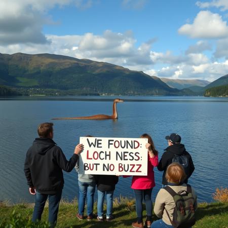 realistic photo, people in front of a lake, in the lake there is the Loch Ness monster, people are holding a sign we found the Loch Ness but no buzz