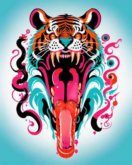 Illustration_Insanity , solo, open_mouth, simple_background, tongue, signature, tongue_out, no_humans, fangs, chinese_zodiac, animal_focus, year_of_the_tiger