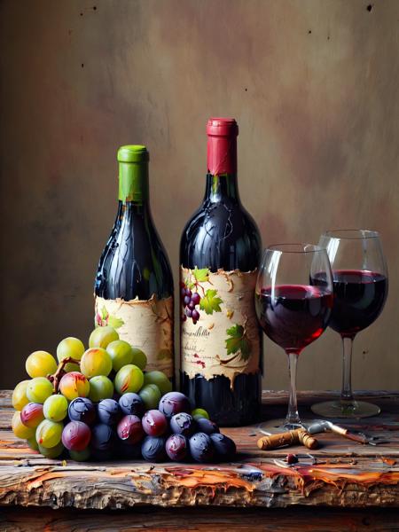 A still life arrangement with an ais-acrylicz wine bottle, glasses, and grapes on a rustic wooden table <lora:Acrylic_Paint_Style_SDXL:1>