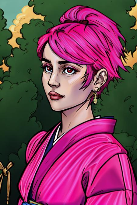 Duskfallcrew Art Style, masterpiece, official art, best quality, solo, short hair, red eyes, 1girl, jewelry, upper body, pink hair, earrings, japanese clothes, kimono, portrait, outdoors, <lora:DuskArt_V7-10:.8>