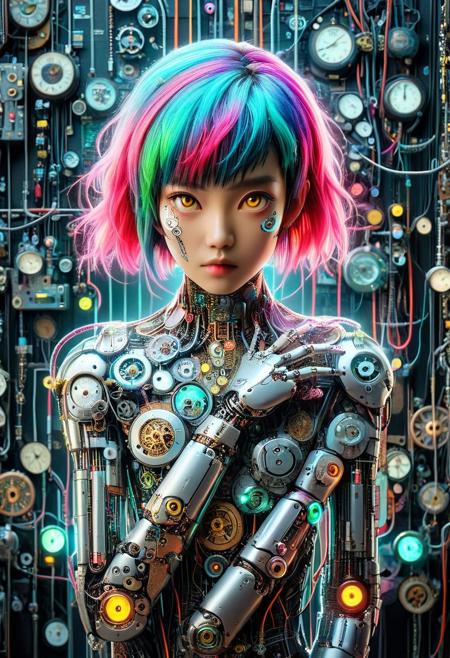 19 year old, asian, cyborg, robotic, woman, skinny, petite, makeup, perky nose, parted lips, (hands down, arms down), machine, clockwork, cybernetic skin, (puffy lips:0.85), bobcut, multicolored hair, looking at viewer, from above, left side view, portrait, g0th1c, glowing, neon lights, glowing eyes,