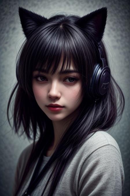 (masterpiece, best quality, highres:1.2), raw portrait photo of cute Girl with headphones, cat ear headphones, colored hair, in high detailed textured, (most iconic photo), (dynamic background), depth of field, morbid, dynamic time, (light smile:0.3), SFW,