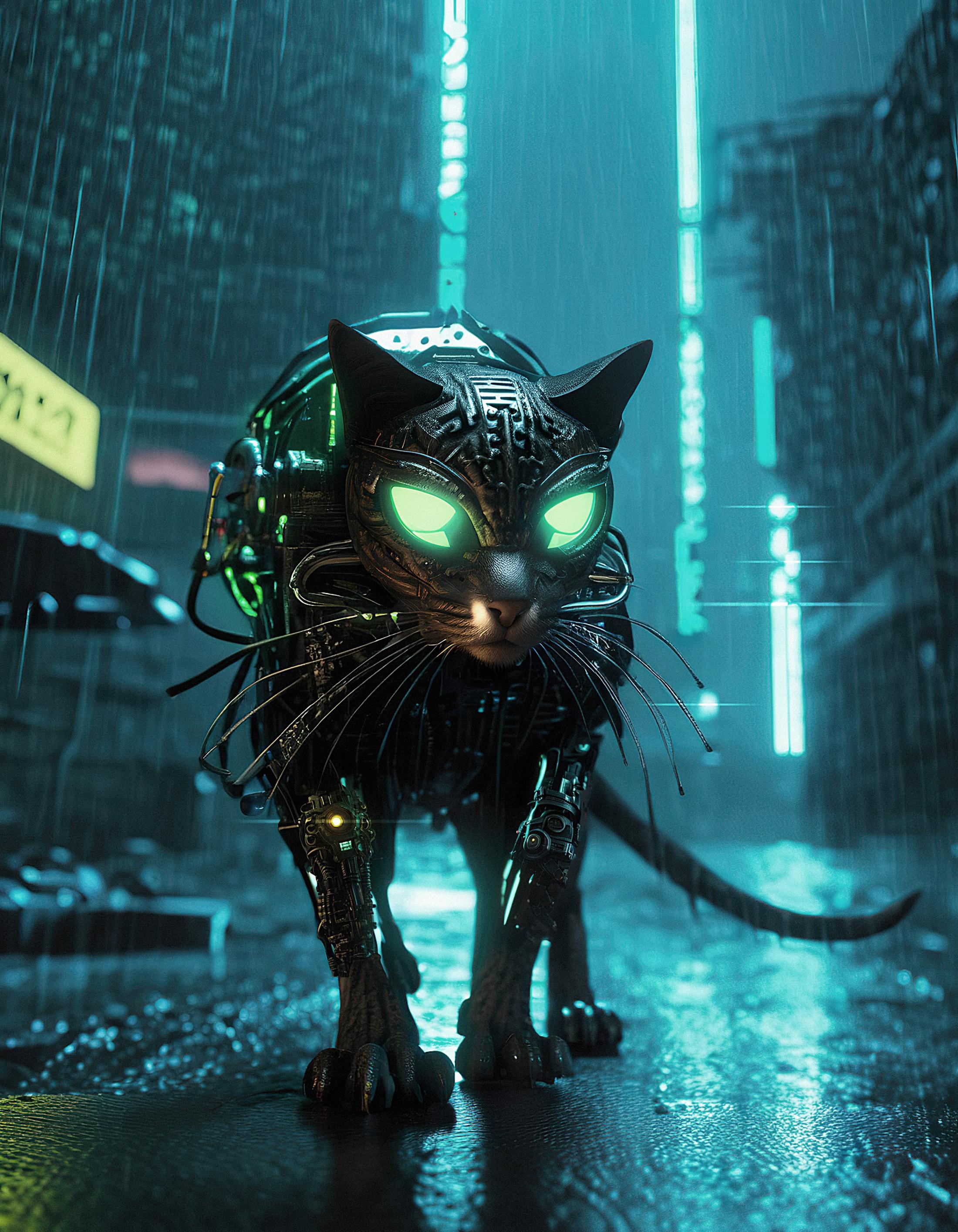 A neon green cat with glowing eyes and a glowing collar on a dark street.