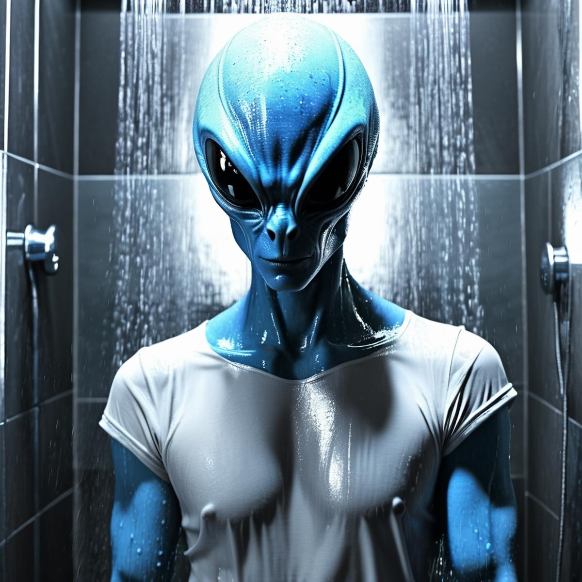 Man with blue skin standing in a shower, wearing a white shirt.
