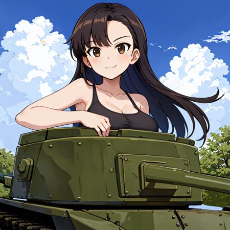 masterpiece, best quality, masterpiece,best quality,highly detailed,outdoor,smile,from front,straight hair,(tank,turret,girl_on_command_post,tank:1.2)
 <lora:nishikinuyoV1:0.5>,nishi kinuyo, long hair, , smile, pleated skirt, uniform, black hair, brown eyes,  asymmetrical bangs,  bangs, swimwear, breasts, , large_breast,