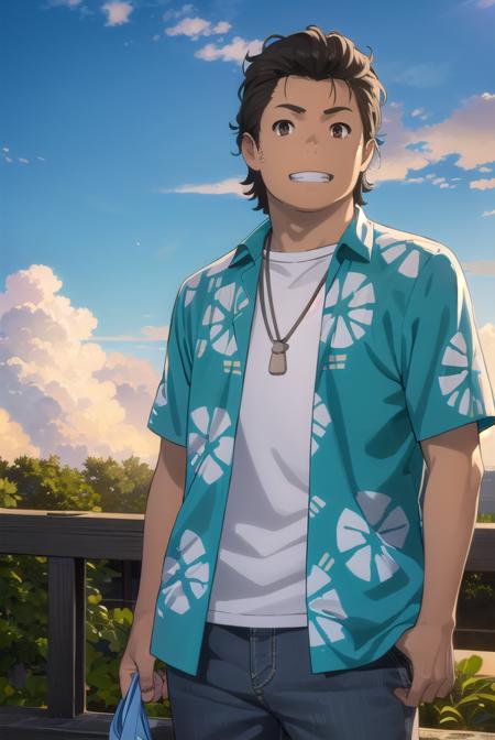 tetsudouhisakawa, <lora:tetsudou hisakawa s1-lora-nochekaiser:1>,
tetsudou hisakawa, black hair, (brown eyes:1.5), male focus, smile, grin,
BREAK shirt, open clothes, pants, necklace, sandals, hawaiian shirt,
BREAK outdoors, house, fields, grass, sky, sun, clouds,
BREAK looking at viewer, (cowboy shot:1.5),
BREAK <lyco:GoodHands-beta2:1>, (masterpiece:1.2), best quality, high resolution, unity 8k wallpaper, (illustration:0.8), (beautiful detailed eyes:1.6), extremely detailed face, perfect lighting, extremely detailed CG, (perfect hands, perfect anatomy),