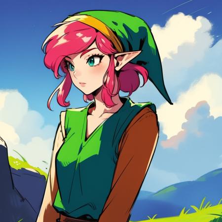 upper body, sky, clouds, <lora:Pink-Link:1> pink-link, pointy ears, pink hair, green hat, green tunic, long sleeves,