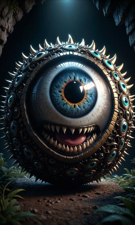 A giant orb eye with many eyes and teeth, realistic, 8k resolution. Highly detailed. Beautiful. Cinematic lighting. Trending on art station. Unreal engine. 4K. Award winning. Extremely detailed. High quality. Beautiful. 4K. award winning. Dramatic Lighting. Dramatic. Award winning photography. Dramatic lighting. Dark and beautiful. Award <lora:Details:0.85>