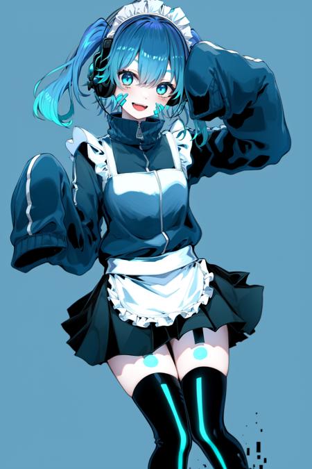 masterpiece, best quality, Ene, 1girl, solo, long hair, looking at viewer, happy, open mouth, blue eyes, skirt,  thighhighs, simple background,  wintails, blue hair, ((maid)), pleated skirt, black thighhighs, black skirt, sleeves past wrists, sleeves past fingers,  headphones, standing,  <lora:Ene-v1:1>