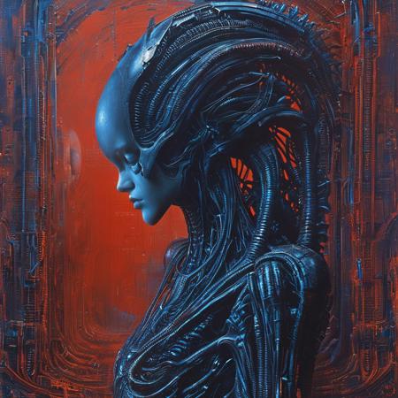 score_9, score_8_up, score_7_up, style of H. R. Giger, full figure, solo, 1girl, female android, red and blue, sci-fi background, biomechanical, masterpiece, detailed,