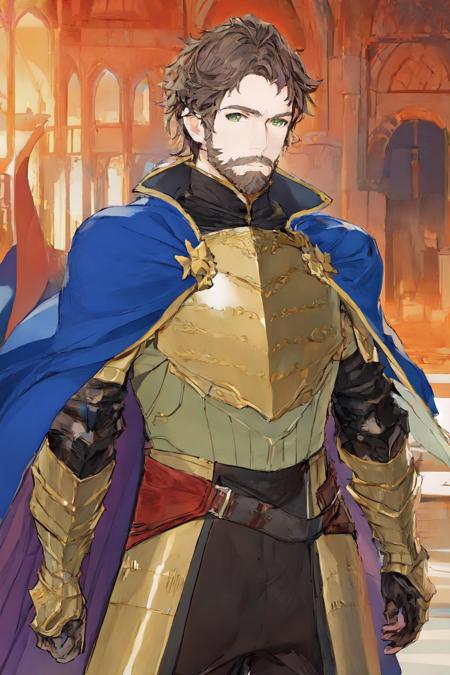 <lora:style_taiki-20:1>, (sketch:0.8), cowboy shot, solo, male focus, 1boy, facial hair, beard, expressionless, brown hair, crown, green eyes, full armor, breastplate, shoulder armor, cape