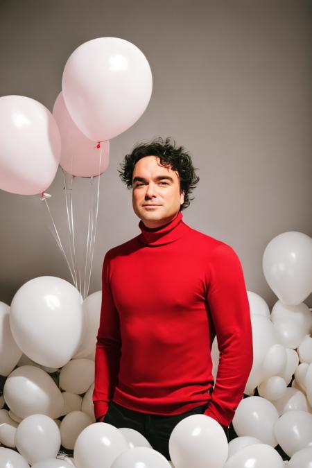 JohnnyLoRA1, fashion portrait photo of man from the 60s wearing a red turtleneck standing in the middle of a ton of (white balloons:1.2), taken on a hasselblad medium format camera, <lora:JohnnyLoRA1_512-512:1>