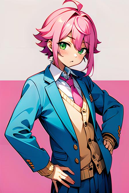 tori_himemiya, pink_hair, green_eyes, 1boy, white_shirt, necktie, school_uniform, hands_on_hips, hand_on_hip, 1girl, neckwear, shirt, long_sleeves, blue_jacket, cowboy_shot, collared_shirt, cardigan,