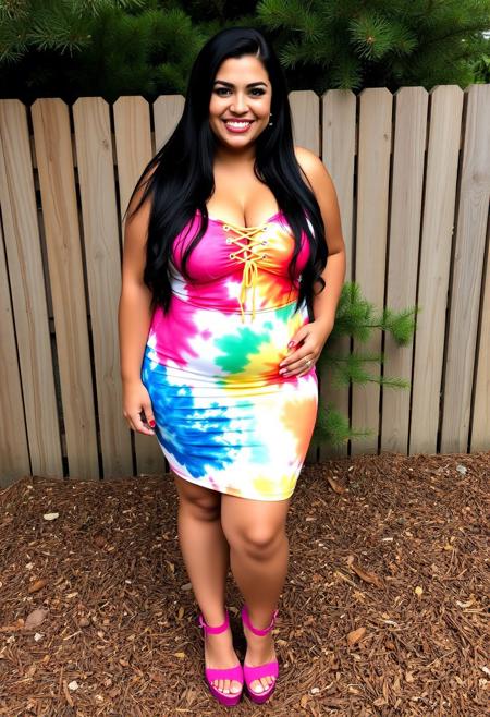masterpiece portrait of a confident chubby italian woman::1.4, realistic photographic style::1.2, modern casual portrait art::1.1, (physical description: curvy woman with long black hair, fair skin, standing tall)::1.1, (facial features, expression: broad friendly smile, bright eyes, full pink lips, dark eyebrows)::1.0, (clothing details: vibrant tie-dye mini dress with criss-cross lace-up front, sleeveless, form-fitting; hot pink ankle-strap high heels with textured platform sole)::1.0, (accessories: silver ring on left hand, bright red nail polish)::0.9, (background setting: wooden slatted fence, sparse green foliage, ground covered in brown pine needles and leaves)::0.9, (lighting style: bright natural daylight, even illumination)::0.8, (composition and camera framing: full body shot, centered, slightly low angle, vertical orientation)::1.0, (emotional tone or theme: vibrant, cheerful, confident, casual outdoor style)::0.9, (technical execution: sharp focus, high detail, natural colors)::0.8.