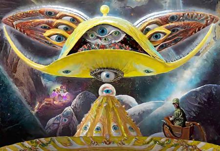 p1c4ss0, seraphins, mystical creature with hundreds of eyes and wings, roswell alien with yellow christmas hat, delivering presents with santa riding a ufo sleigh, intricate complexity, surreal horror, inverted neon yellow drip paint, 1908 Woman with a Fan