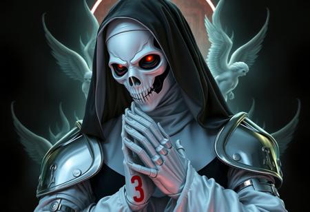 Create a dark, Holy-themed digital art piece inspired by Infernalvania, featuring a robot ghost wearing Billie Eilish's nun outfit and a Holy-themed silver armor, set against a Philippines-inspired background with white satin gloves and a robot ghost mask. Incorporate elements reminiscent of Alucard and angels protecting a praying man. The piece should evoke a sense of epic horror with a moody face, evil eyes, and realistic robot features. Reference the styles of artists such as Artgerm, J. J. Insider, Charlie Bowater, Peter Mohrbacher, Andrei Riabovitchev, Marc Simonetti, and Yoshitaka Amano. Ensure the artwork has a Warhammer 4.0k viral aesthetic and is suitable for a TikTok post. Include white face makeup and an 8-hour time frame for completion. Grading criteria include creativity, technique, and overall impact.