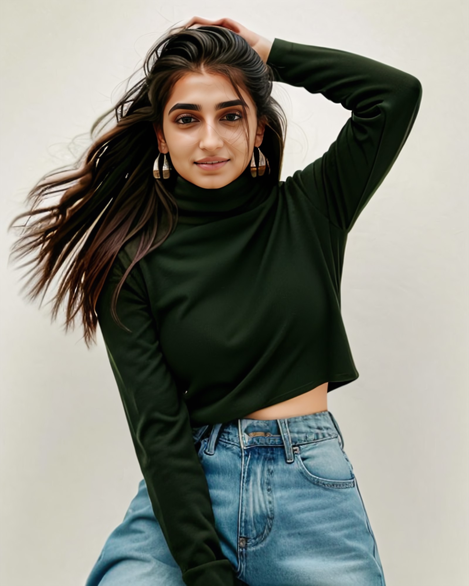 photo of a vdka:0.8 woman, wearing intricate Jade turtleneck and jeans, solo, serious look, nose piercing, plain white bac...