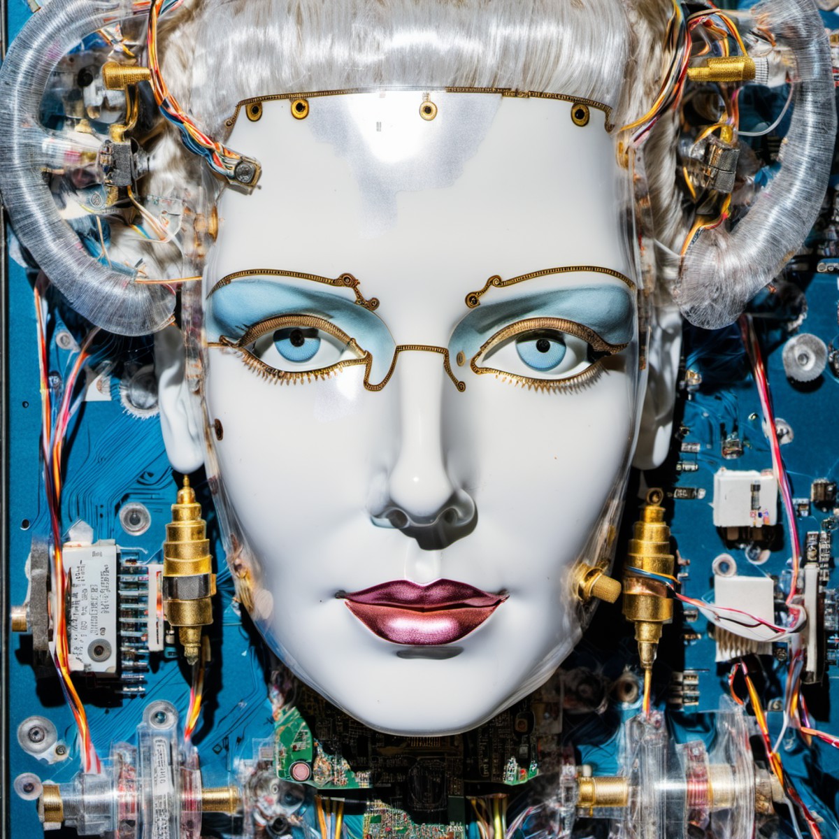 gildenface style portrait photo of (automaton) marie antoinette android in (transparent polycarbonate:1.3), pcb, wires, di...