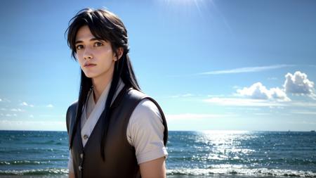 a young man with long black hair and a vest on standing in front of the ocean with a blue sky, (1girl:0.955), (bangs:0.575), (black eyes:0.572), (black hair:0.709), (blue sky:0.985), (closed mouth:0.536), (cloud:0.927), (day:0.980), (horizon:0.816), (japanese clothes:0.511), (lips:0.764), (long hair:0.775), (looking at viewer:0.811), (nose:0.534), (ocean:0.950), (outdoors:0.734), (realistic:0.814), (sky:0.988), (solo:0.937), (upper body:0.557), (water:0.600)