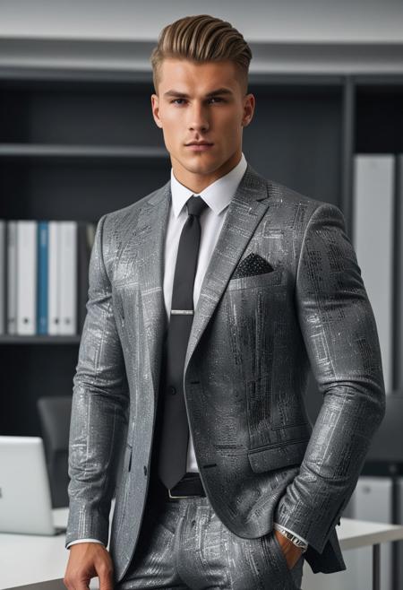 a strong 22-year-old german hunk bodybuilder male, with a fringe up undercut hairstyle, detailed face, mindless expression,  wearing a dark-gray suit with silver patterns, wearing pants,  on a modern office, standing at attention pose, looking at viewer, portrait, photography, detailed skin, realistic, photo-realistic, 8k, highly detailed, full length frame, High detail RAW color art, diffused soft lighting, shallow depth of field, sharp focus, hyperrealism, cinematic lighting