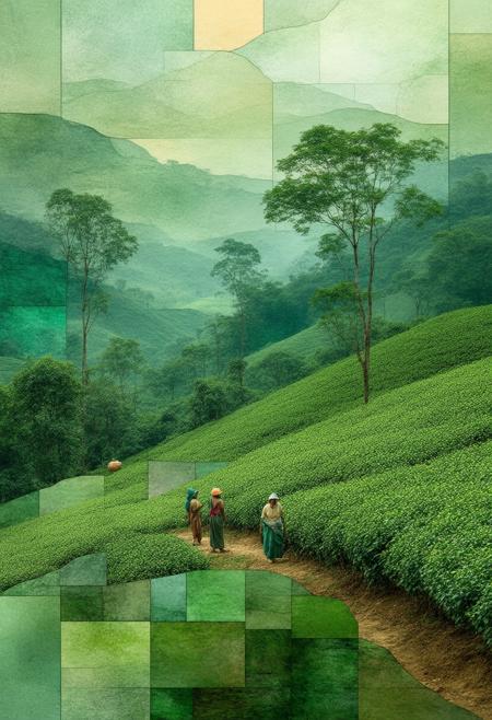 Imagine a serene Indian tea plantation nestled amongst rolling hills, reimagined as a Cubist stained-glass spectacle. Workers harvest tea leaves under the warm sunlight, their movements captured in fragmented planes. The landscape unfolds in layers of green and brown, punctuated by vibrant splashes of color from flowering shrubs. The color palette utilizes muted greens, earthy browns, soft yellows, and touches of crimson, conveying a sense of tranquility and abundance. Blend photorealistic details â the textures of the tea leaves, the details of the worker's faces, the reflections of the light â with the geometric abstraction of Cubism. The overall composition should convey a sense of peace, labor, and the natural beauty of the Indian landscape, deeply immersed in a dramatic interplay of light and shadow.