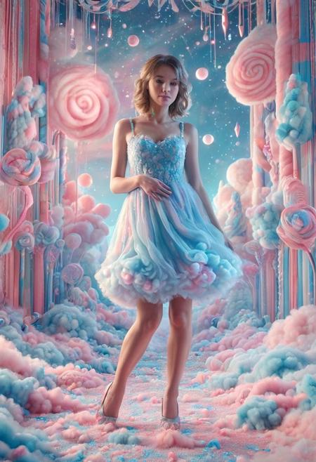 The scene reveals a 3D mosaic made from cottoncandy layers, projected in immersive perspective. A woman in a soft blue dress steps across blocks of pastel fluff glowing with inner light. Wisps of sugary fog float upward like galactic dust. Fragmented volumes rise and fall, shaping luminous candy architecture. A cotton candy face floats above it all, spliced from chromatic sugar threads and lit by shifting auroras. The air shimmers with softness and surreal structure.