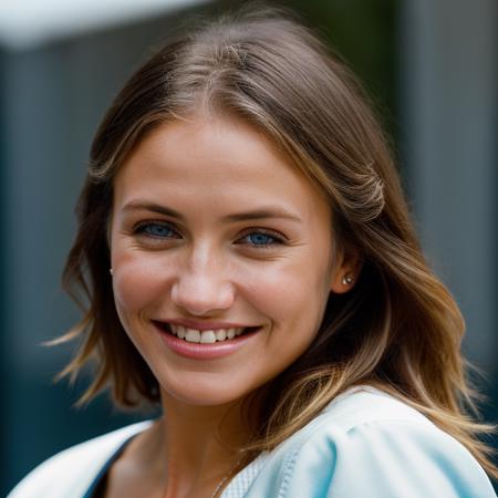 Realistic photo of a beautiful c4m3r0nd-v2 woman, 1girl, solo, long hair, looking at viewer, smile, blue eyes, blonde hair, simple background, teeth, grin, lips, makeup, blue background, portrait, realistic, soft lighting, professional Photography, Photorealistic, detailed, RAW, analog, sharp focus, 8k, HD, DSLR, high quality, Fujifilm XT3, film grain, award winning, masterpiece<lora:c4m3r0nd-v2:1.0>