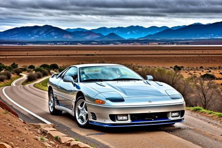 3000GTVR4 , driving on a rocky road, cloudy skies, masterpiece, ultra wide angle, 20mm focal length, barren land, river on the side, natural lighting, sharp focus, smooth, intricate details, 8k wallpaper, artstation<lora:3000GTVR4:0.8>