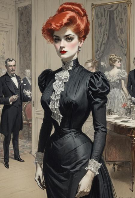 masterpiece, 4k, uhd, Women are tall, women are haughty, women are elegant, women are superior, women are beautiful with high and prominent cheekbones, women have beautiful natural skin tones without makeup and long and luxuriant blonde hair, women wear Edwardian evening gowns and narrow fitted skirts. women have large breasts, Men are tiny, men are snivelling and nervous, men have short hair and timid expressions. The scene is moody, the dominant colour being the bright red of the woman's lips. A sketch by Charles Dana Gibson. An (elegantly dressed very tall and dominant Gibson Girl in a palatial room:1.5 <lora:hand 4:1>hand <lora:Microwaist_XL_v01:0.2> <lora:Gibson_XL:0.2> by g1bs0n <lora:Belle_Epoque_Dresses_1880-1914_XL:0.3> 1905_dr3ss