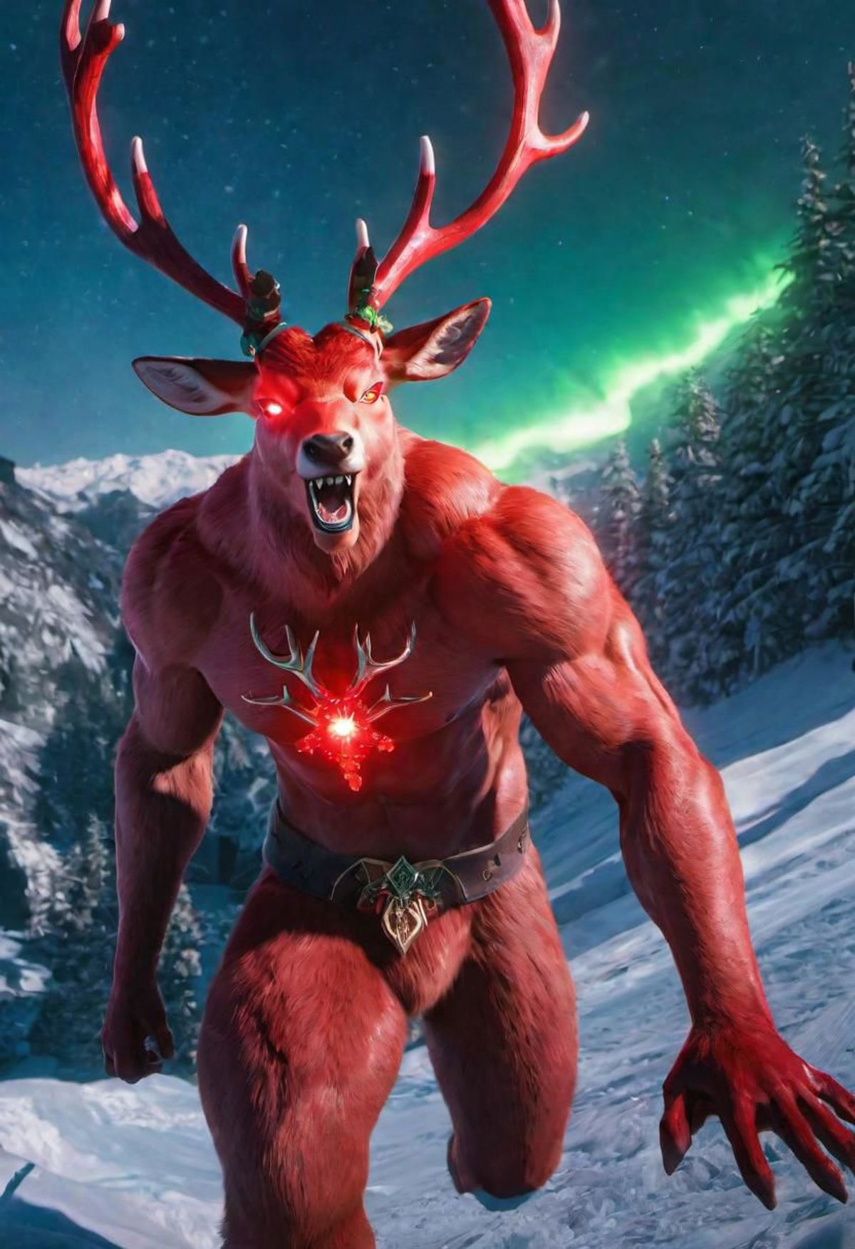 A cartoonish image of a red deer with glowing eyes and antlers, wearing a belt and standing on a snowy mountain.