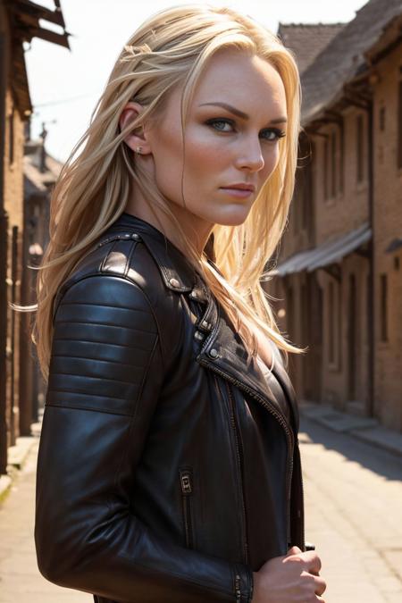 a photo of a beautiful S027_LindseyVonn, in a (village:1.3), wearing a (leather_jacket:1.2), smirk, (8k, RAW photo, best quality, ultra high res, photorealistic, masterpiece, ultra-detailed, Unreal Engine)