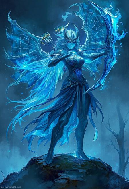 (in Krenz Cushart style:1.2), high-quality, masterpiece, A blue phantom archer, her body phasing between visibility and translucency, with a bow made of shimmering spectral light, Her armor shifts between cracked stone and flowing mist, her arrows burn with ethereal cyan fire, She stands on a fog-covered hill surrounded by spectral trees and drifting souls, high contrast, light trails, motion blur, eerie lighting, (elaborate fine details:1.1), (elaborately detailed attire with extraordinary elements:1.1), (hyperdetailed:1.1), (intricate details:1.0), (Refined details:1.1), (best quality:1.1), (high resolution:1.2)
