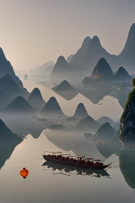 karst mountains reflected in a serene Li River, golden hour, traditional Chinese fishing boats with lanterns, mystical fog, dreamlike atmosphere, hyper-realistic, fantasy ancient China vibes