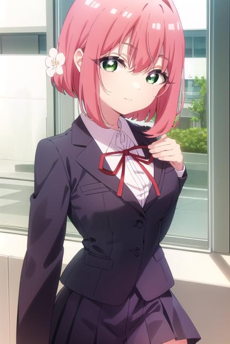 hakarihanazono, <lora:hakari hanazono s1-lora-nochekaiser:1>,
hakari hanazono, short hair, hair ornament, (green eyes:1.3), pink hair, flower, hair flower, smile,
BREAK skirt, shirt, ribbon, school uniform, jacket, white shirt, thighs, pleated skirt, black skirt, red ribbon, neck ribbon, blazer,
BREAK indoors, classroom,
BREAK looking at viewer, (cowboy shot:1.5),
BREAK <lyco:GoodHands-beta2:1>, (masterpiece:1.2), best quality, high resolution, unity 8k wallpaper, (illustration:0.8), (beautiful detailed eyes:1.6), extremely detailed face, perfect lighting, extremely detailed CG, (perfect hands, perfect anatomy),