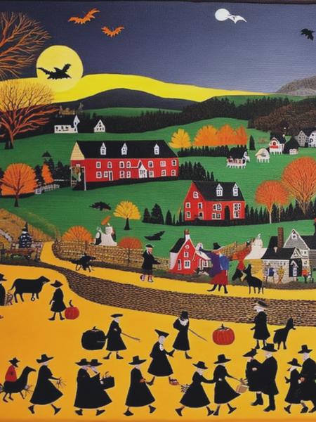 <lyco:FolkArt:1.0> in Folk Art Style, Grandma Moses, Village Trick or Treat, detailed, 20k,