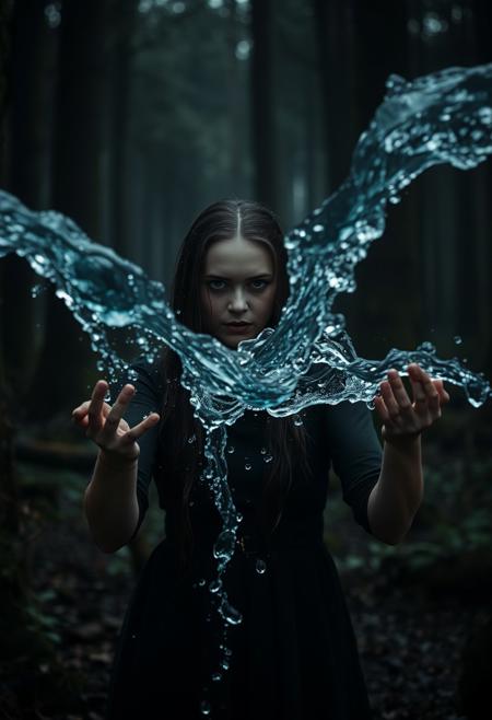 A 35-year-old European girl in the forest uses water magic, horror, dark forest, controls a large flow of water, an evil focused look into the frame