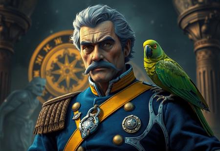 Distinguished power man in blue uniform with yellow belt, gray hair, mustache, green parrot on shoulder, silver pliers. Final Ritual of the Ancients background. Raphael style, Octane Render, Unreal Engine 5, CGSociety, trending on Artstation, 4k, high-res, detailed face/eyes, lifelike, impeccable composition, captivating lighting, golden ratio, splash ink illustration.