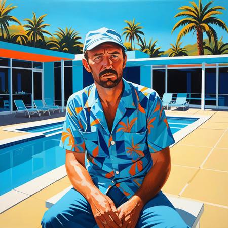 Andrew Yancy, grizzled former Florida Keys detective demoted to restaurant inspector, wearing a wrinkled Hawaiian shirt and baseball cap, tired eyes with stubble, sitting alone looking dejected, vibrant acrylic painting style, bold flat colors, clean geometric compositions, bright California sunlight, crisp shadows, modernist architecture, swimming pool blue tones, perfectly manicured landscapes, mid-century modern aesthetic, saturated color palette, smooth gradients, minimal detail work, contemporary pop art influence, architectural precision, optimistic 1960s atmosphere, vibrant acrylic painting style, bold flat colors, clean geometric compositions, bright California sunlight, crisp shadows, modernist architecture, swimming pool blue tones, perfectly manicured landscapes, mid-century modern aesthetic, saturated color palette, smooth gradients, minimal detail work, contemporary pop art influence, architectural precision, optimistic 1960s atmosphere,