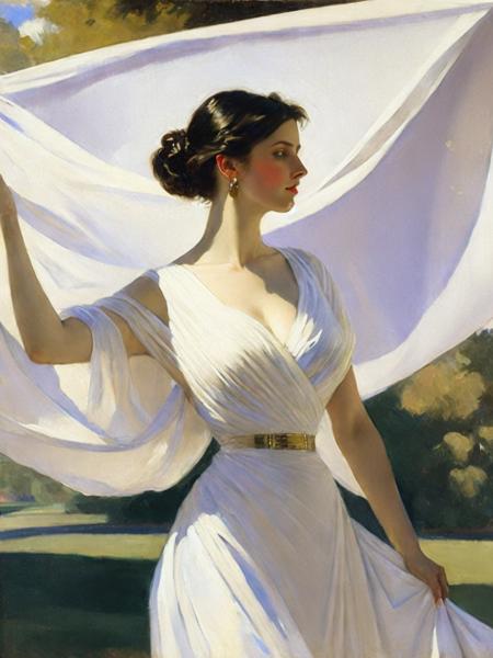 <lora:JohnSingerSargent:1>a painting of a woman in a white dress holding a white cloth over her shoulder by John Singer Sargent